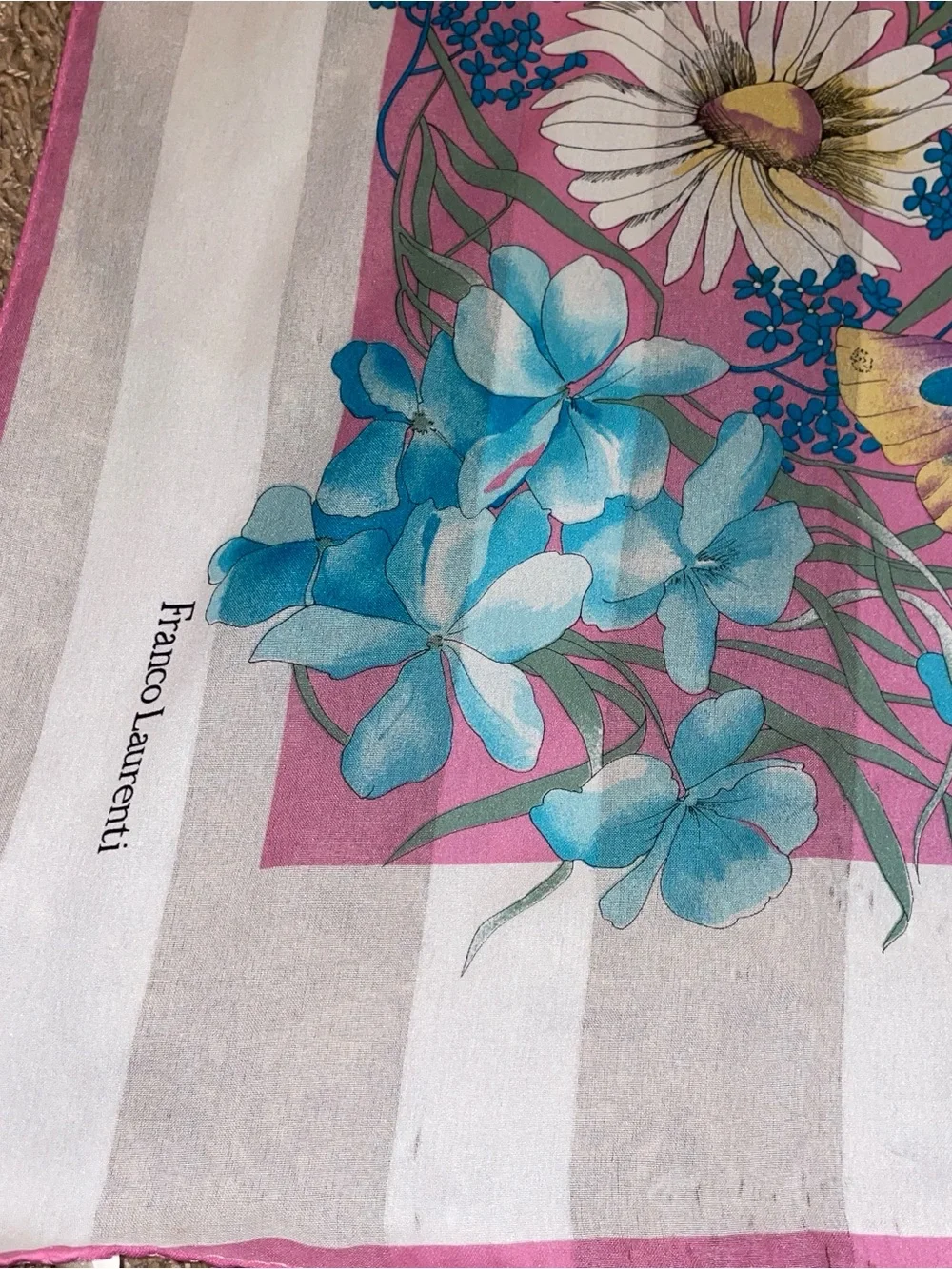 Floral Pink Silk-Feel Scarf with Blue Accents
